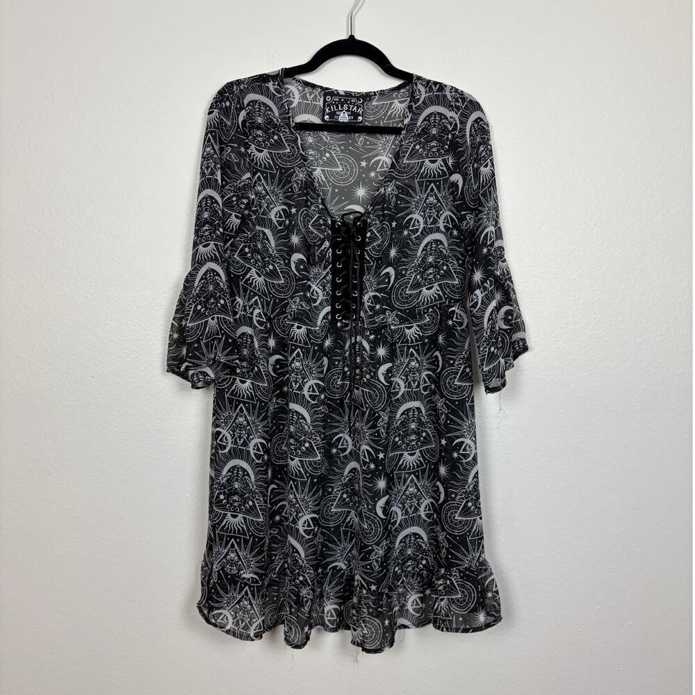 Killstar New Moon Babydoll Sheer All Over Print Astral Lace Up Dress Small